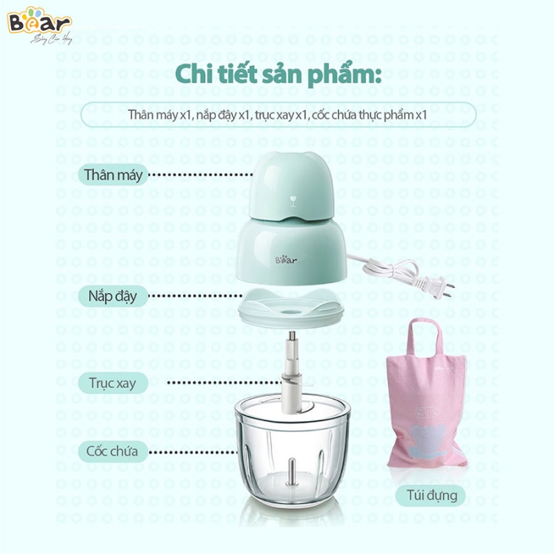 Máy xay ăn dặm 1 cối 0.3L Bear - Tặng bộ dao Nhật 6 chi tiết